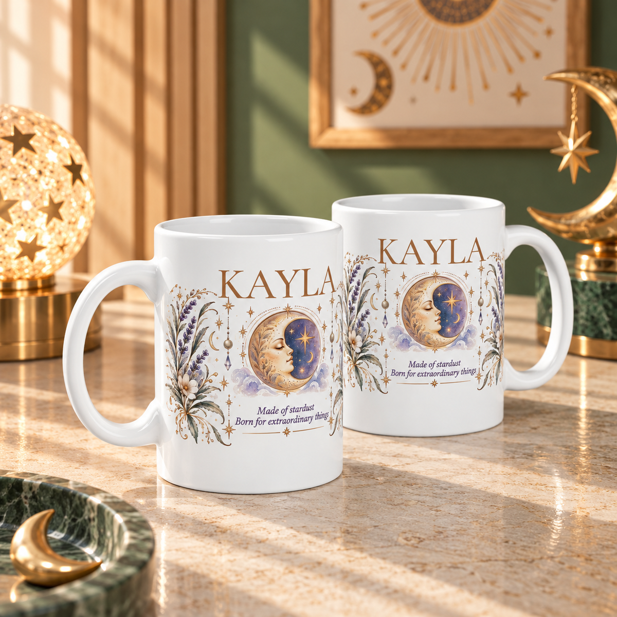 Personalized Moon Mug, Custom Name Coffee Cup, Boho Celestial Crescent Moon Mug, Astrology Gift for Her