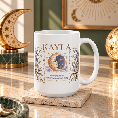 Personalized Moon Mug, Custom Name Coffee Cup, Boho Celestial Crescent Moon Mug, Astrology Gift for Her