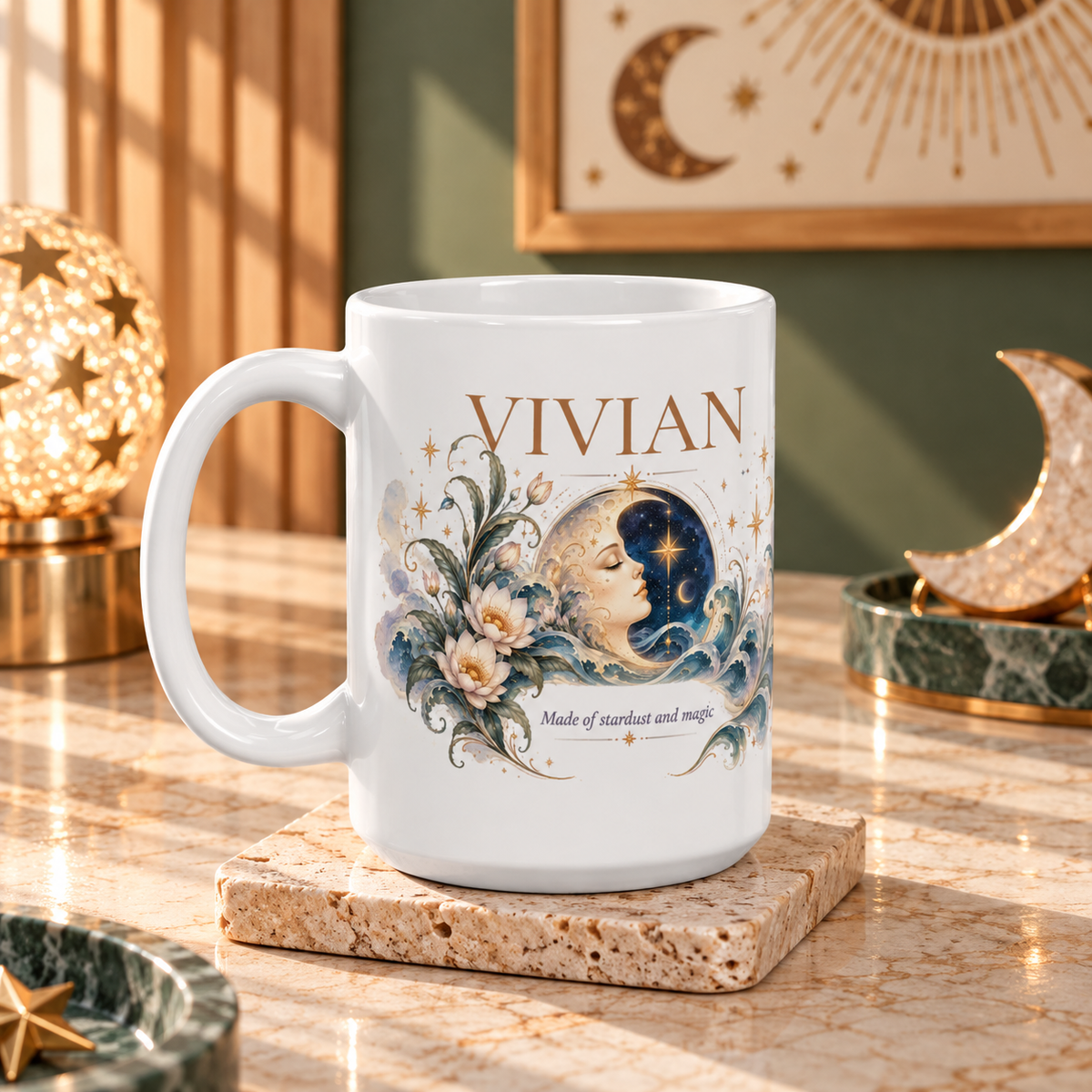 Personalized Boho Celestial Moon Mug, Custom Name Coffee Cup, Celestial Wave Mug, Astrology Gift for Her
