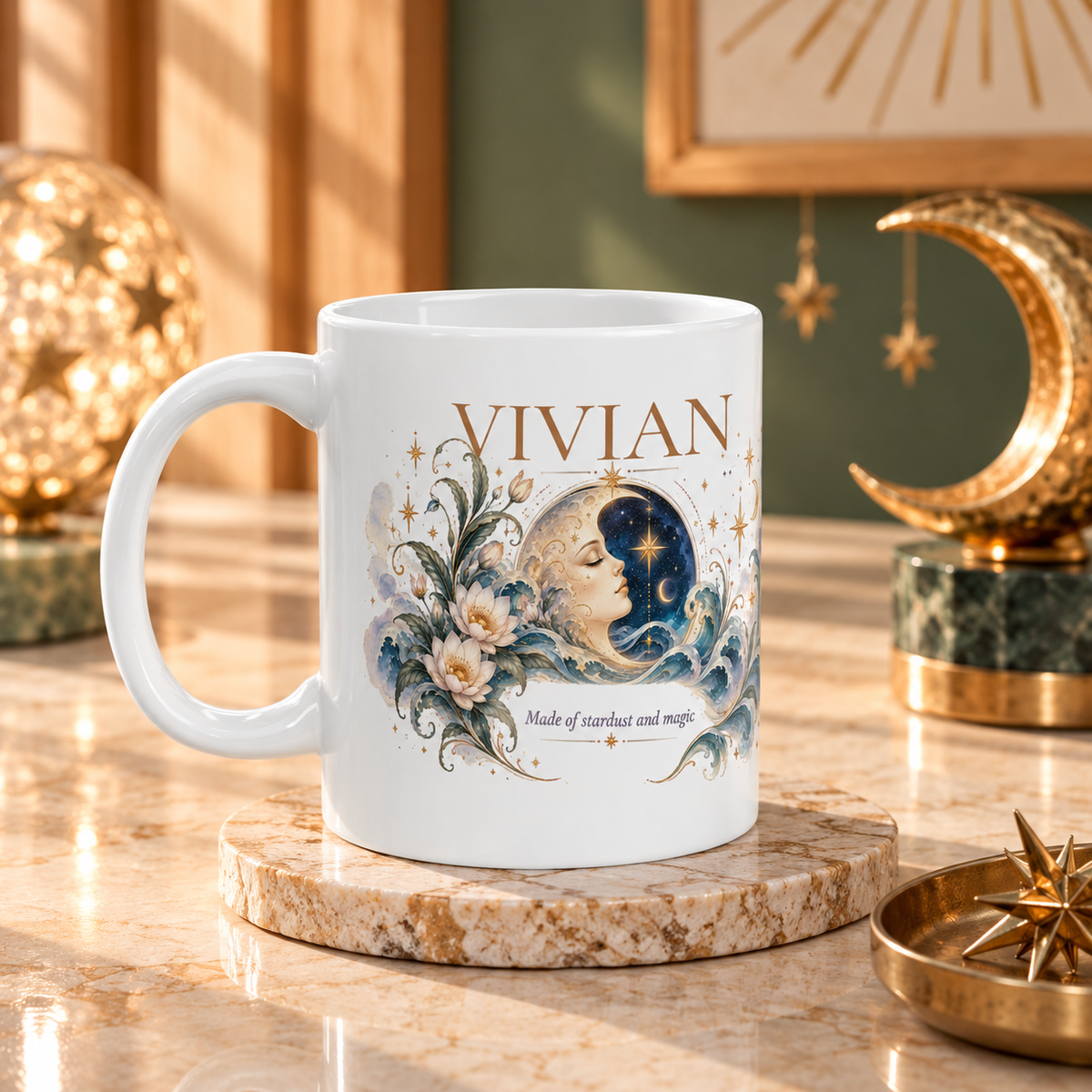 Personalized Boho Celestial Moon Mug, Custom Name Coffee Cup, Celestial Wave Mug, Astrology Gift for Her