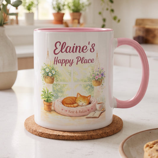 Personalized Name Cat Mug, Custom Happy Place Cozy Cat Coffee Mug Gift