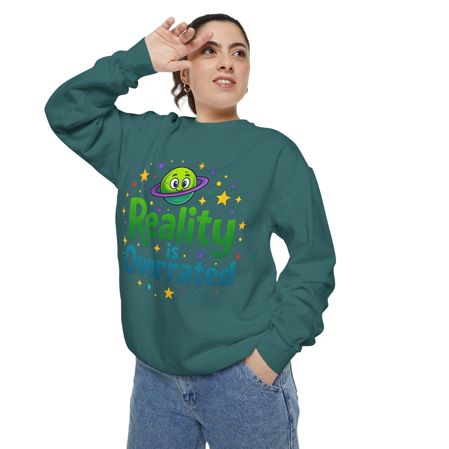 Reality Is Overrated Sweatshirt – Cosmic Alien Pullover