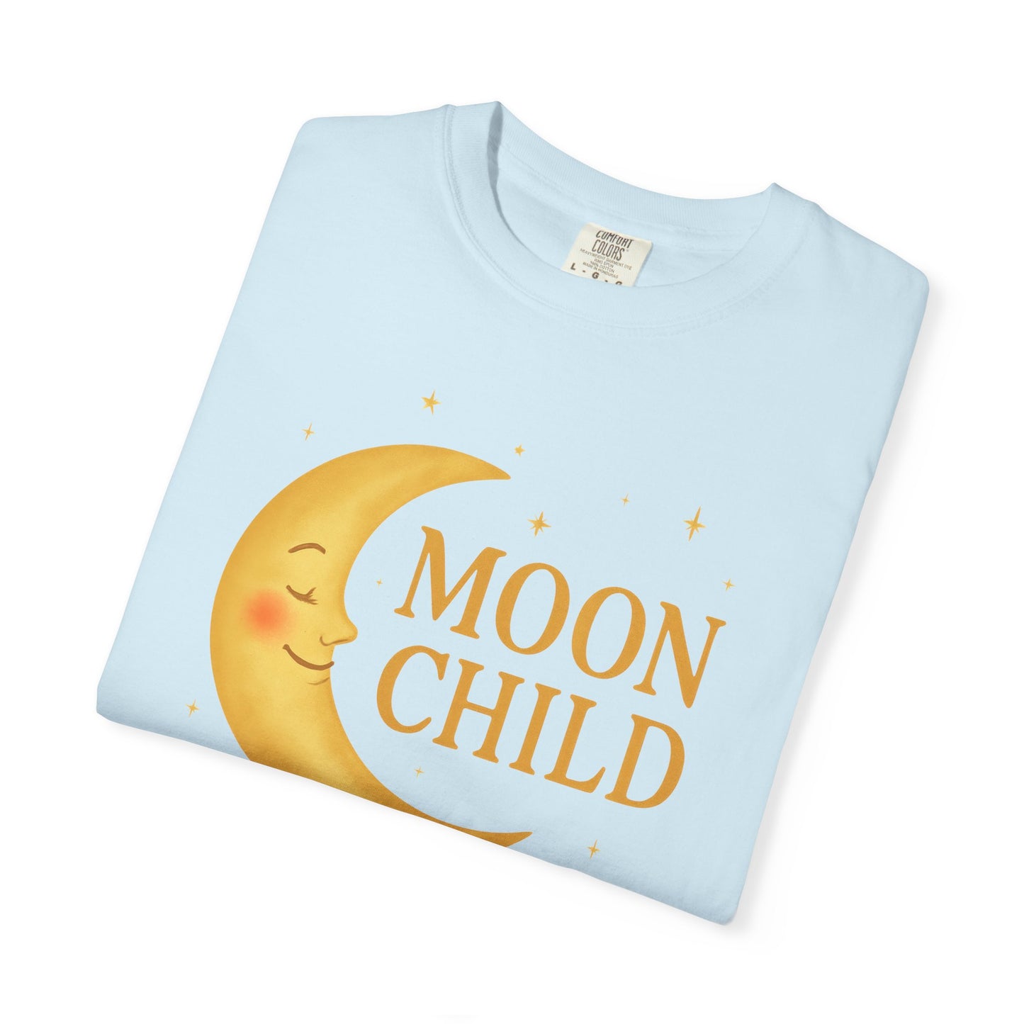Moon Child Crescent Tee – Vibrant Golden Celestial Comfort Colors 1717 Shirt