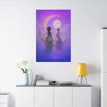 Fairy Friends on the Moon – Enchanted Purple Dream Wall Art
