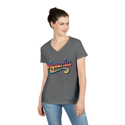 Retro Aquarius Women's V-Neck Tee – Empowering Colorful Zodiac Shirt