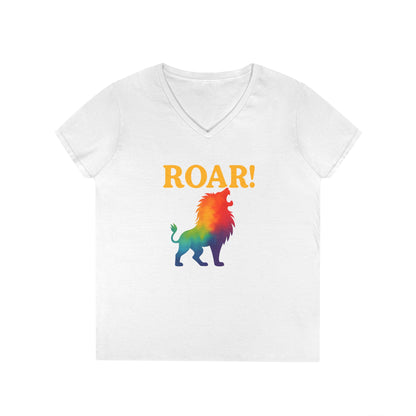 Roar Lion Women’s V-Neck Tee – Empowering Rainbow Zodiac Leo Shirt