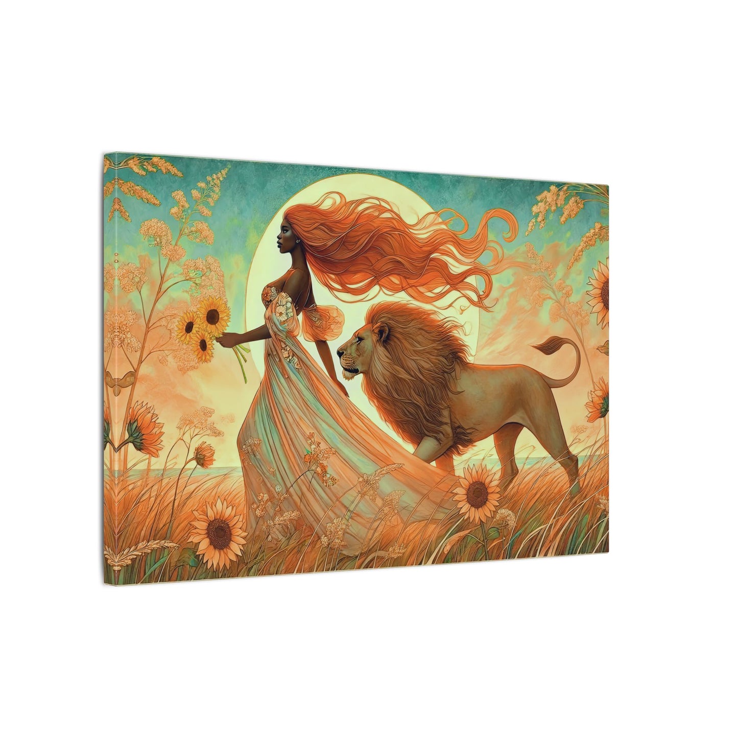Leo Zodiac Wall Art, Lion Goddess Canvas Print, Astrology Home Decor, Leo Gift for Her, Sunflower Leo Painting, Star Sign Wall Decor