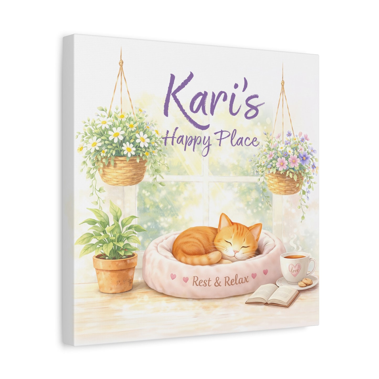 Personalized Cat Canvas Print - "Kari's Happy Place" Cozy Pet Wall Art
