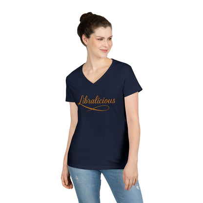 Libralicious Women’s V-Neck Tee – Empowering Retro Zodiac Script Shirt