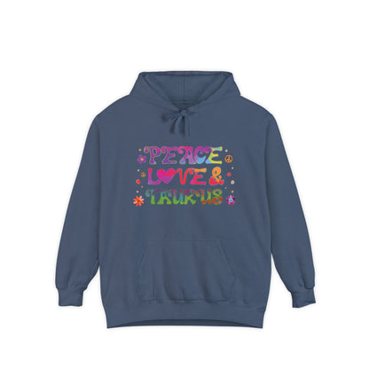 Peace Love & Taurus Unisex Hoodie – Groovy Retro Comfort Colors Midweight Hoodie