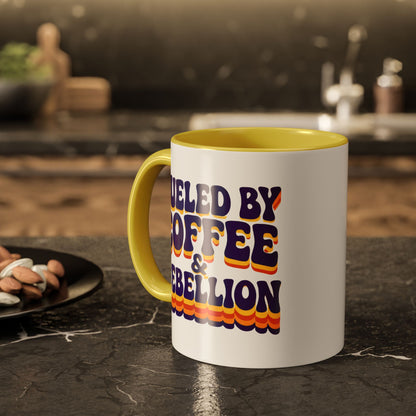 Fueled by Coffee & Rebellion – Funny Retro Mug (Color Accent, 11oz & 15oz)