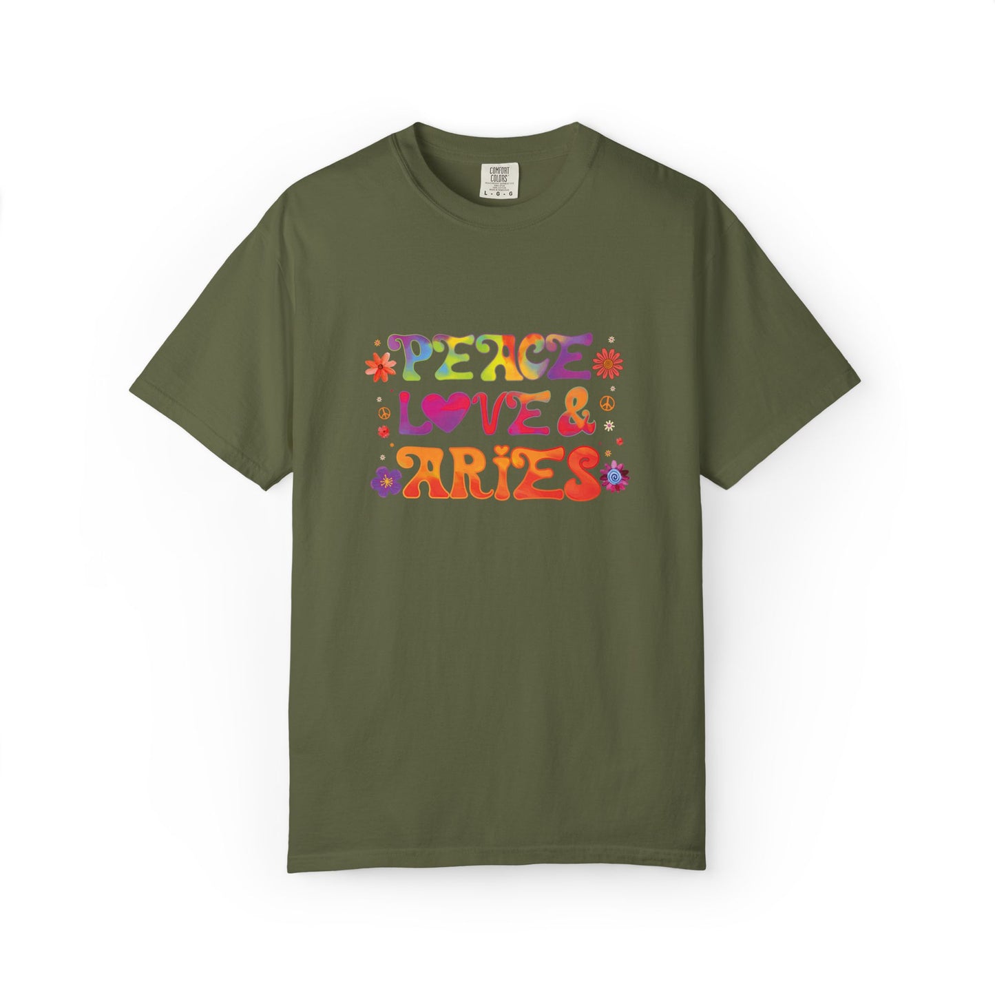 Peace Love & Aries – Colorful Retro Zodiac Tee