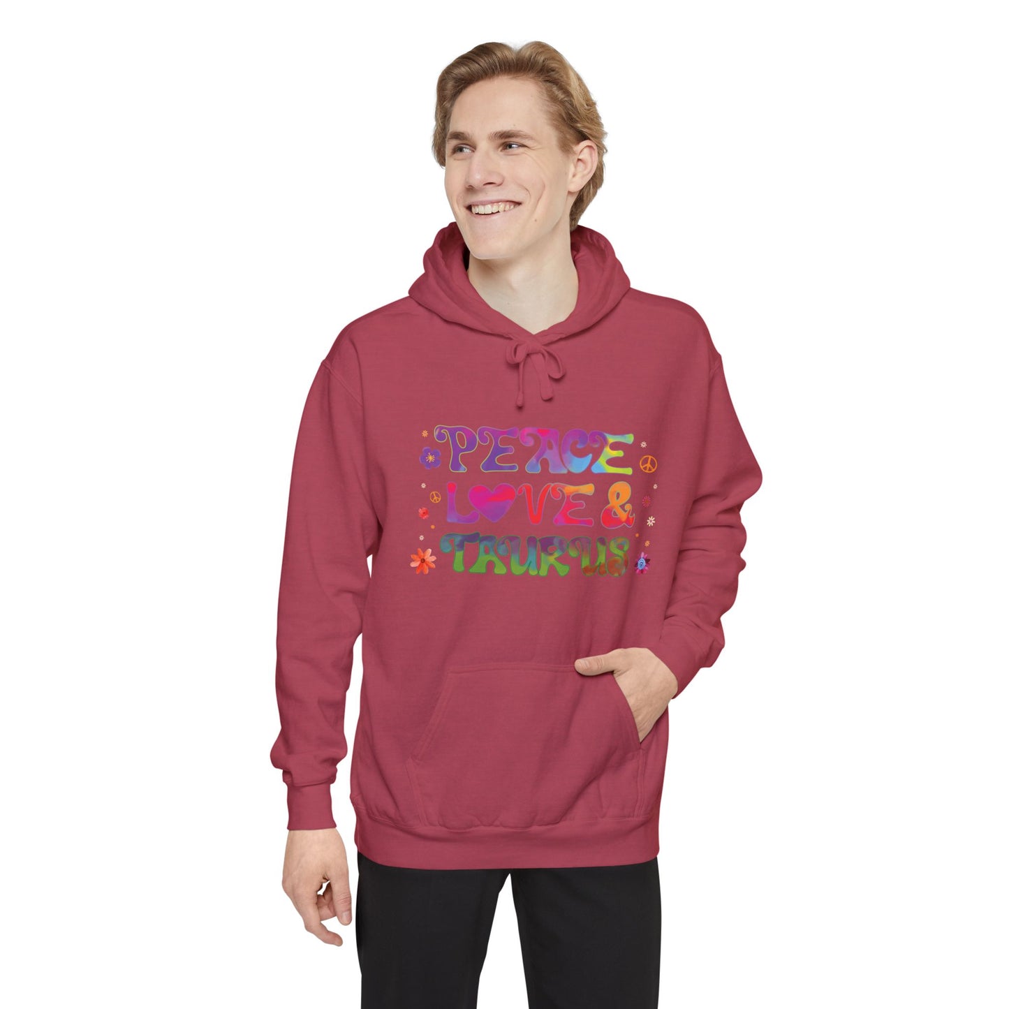 Peace Love & Taurus Unisex Hoodie – Groovy Retro Comfort Colors Midweight Hoodie