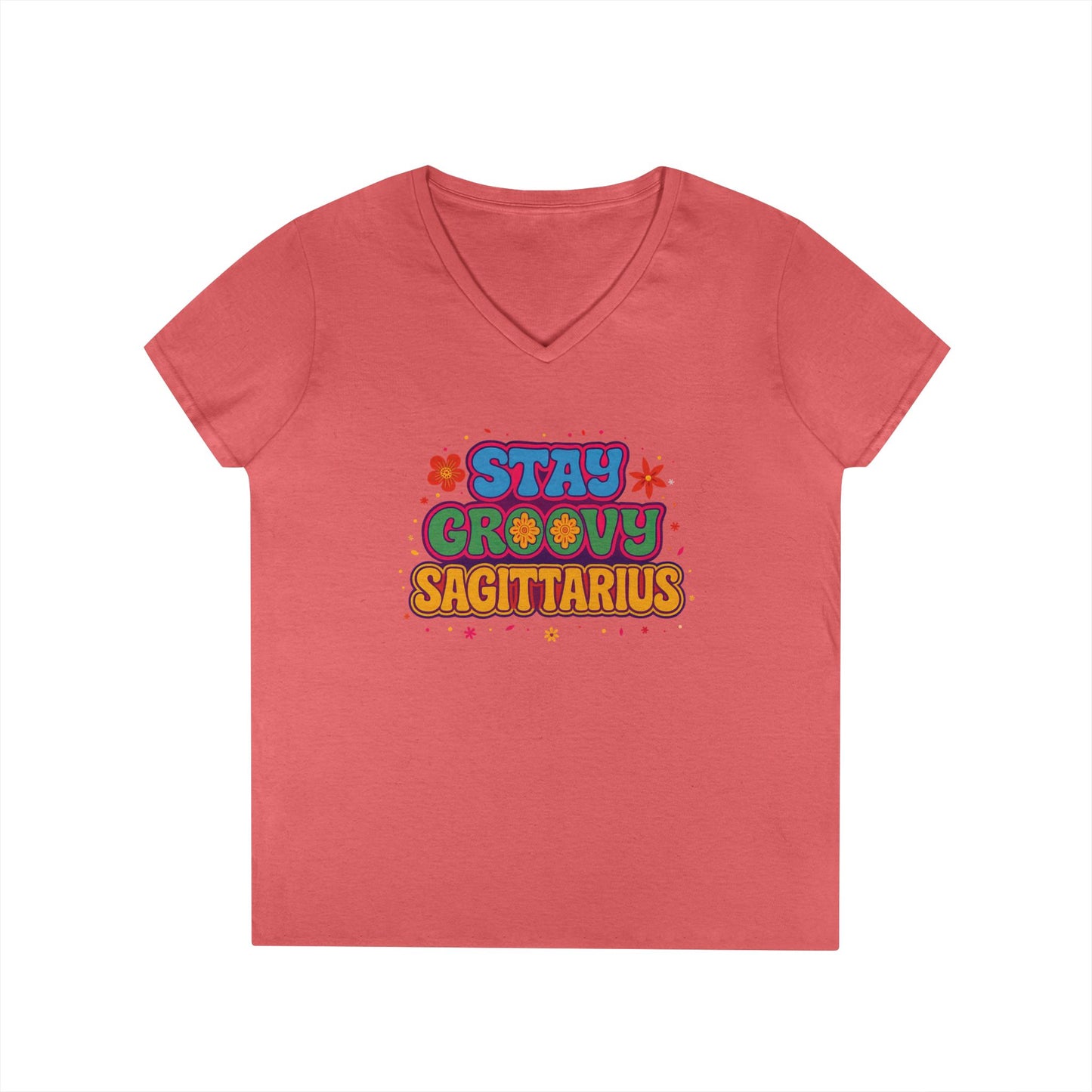 Stay Groovy Sagittarius Women’s V-Neck Tee – Empowering Retro Zodiac Shirt