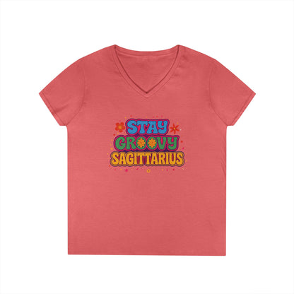 Stay Groovy Sagittarius Women’s V-Neck Tee – Empowering Retro Zodiac Shirt