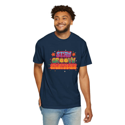 Stay Groovy Sagittarius – Retro Zodiac Flower Power Tee