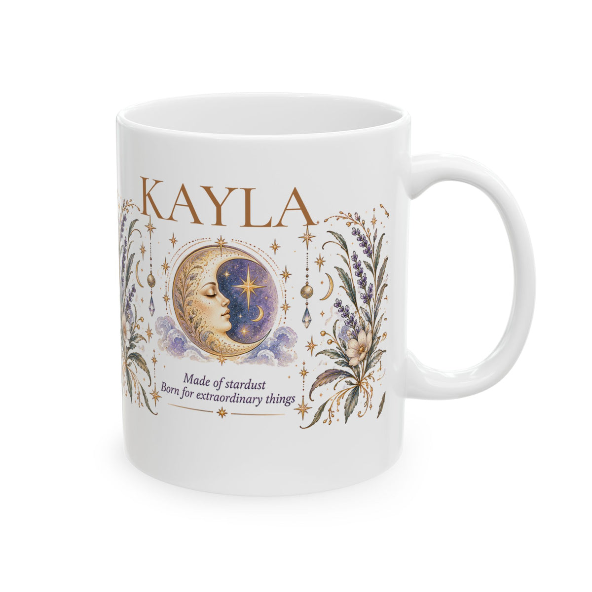 Personalized Moon Mug, Custom Name Coffee Cup, Boho Celestial Crescent Moon Mug, Astrology Gift for Her