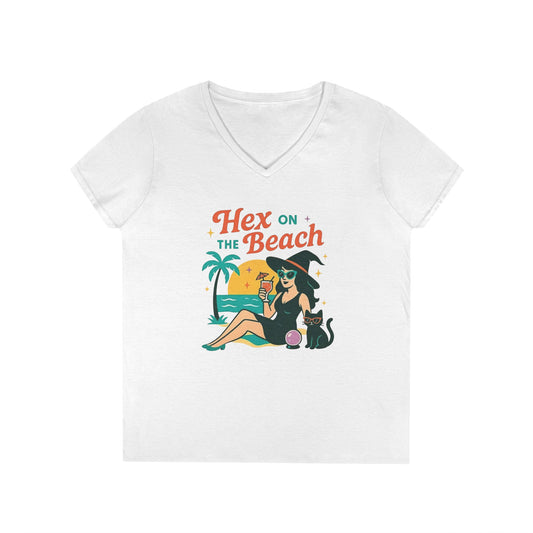 Hex on the Beach Women’s V-Neck Tee – Funny Magical Tropical Witch Shirt