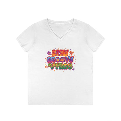 Stay Groovy Virgo Women’s V-Neck Tee – Empowering Retro Zodiac Shirt