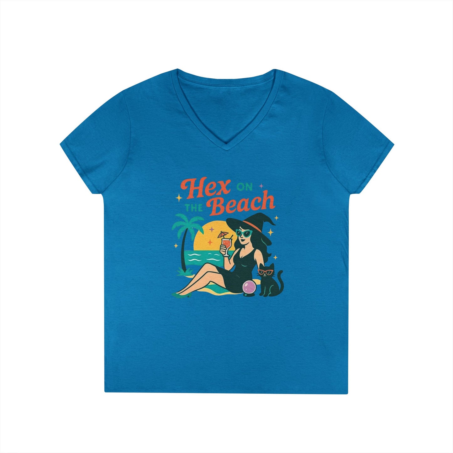 Hex on the Beach Women’s V-Neck Tee – Funny Magical Tropical Witch Shirt
