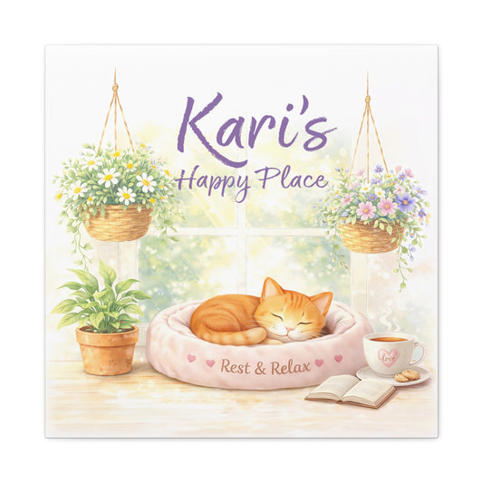 Personalized Cat Canvas Print - "Kari's Happy Place" Cozy Pet Wall Art