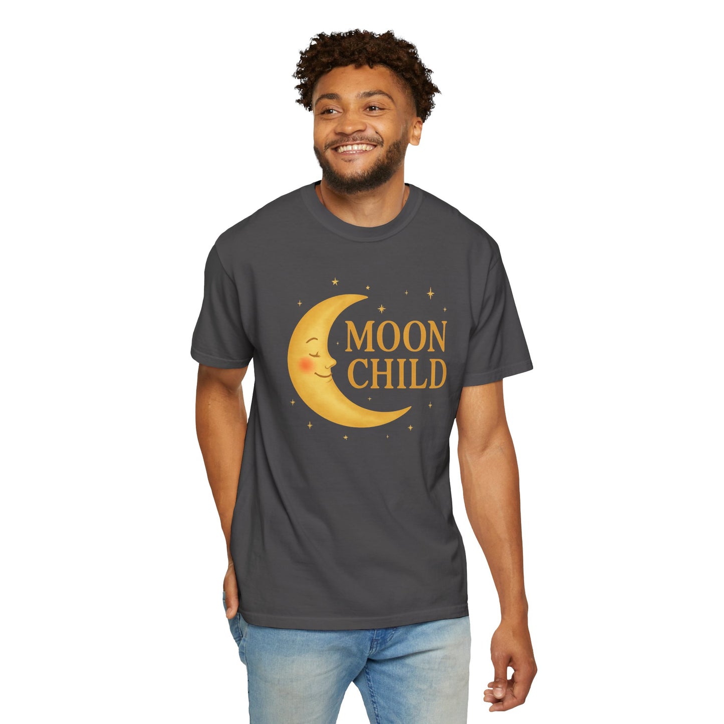 Moon Child Crescent Tee – Vibrant Golden Celestial Comfort Colors 1717 Shirt