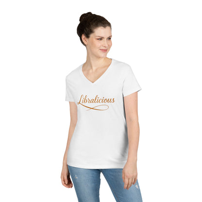 Libralicious Women’s V-Neck Tee – Empowering Retro Zodiac Script Shirt