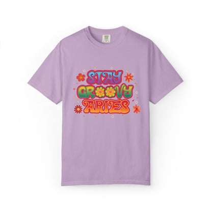 Stay Groovy Aries Tee – Colorful Retro Zodiac Shirt, 70s Flower Power Style
