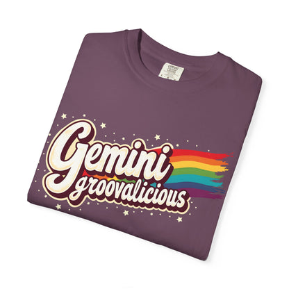 Gemini Groovalicious - Retro Rainbow Script Zodiac Tee