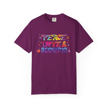 Peace Love & Scorpio Tee – Colorful Retro Zodiac Shirt