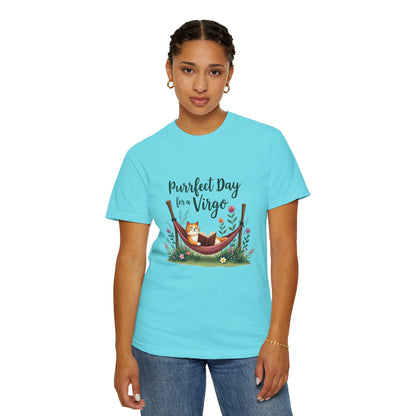 Purrfect Day for a Virgo – Cozy Cat & Hammock Zodiac Tee
