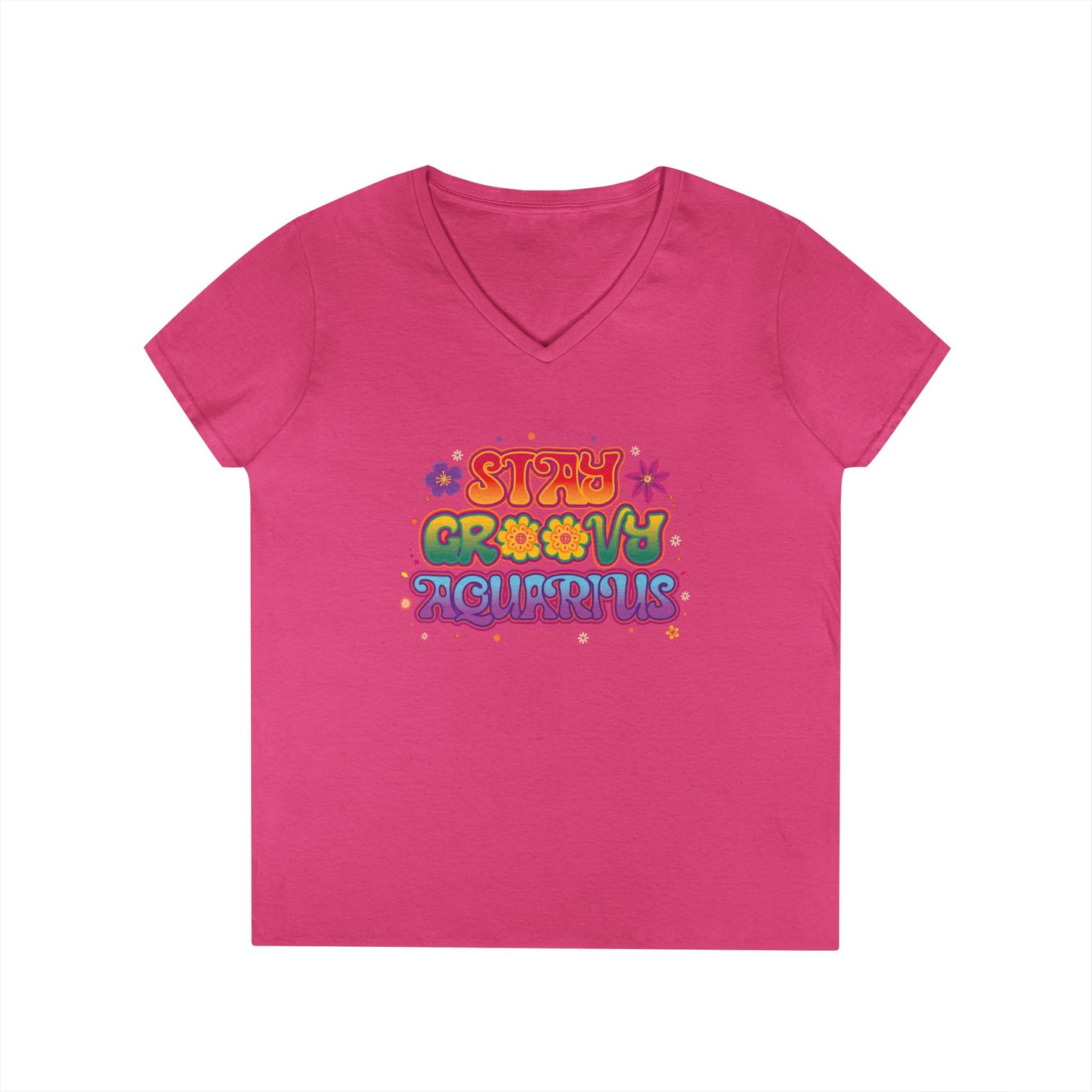 Stay Groovy Aquarius Women’s V-Neck Tee – Empowering Retro Zodiac Shirt