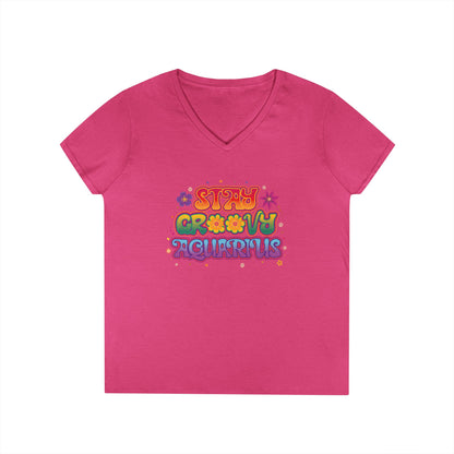 Stay Groovy Aquarius Women’s V-Neck Tee – Empowering Retro Zodiac Shirt