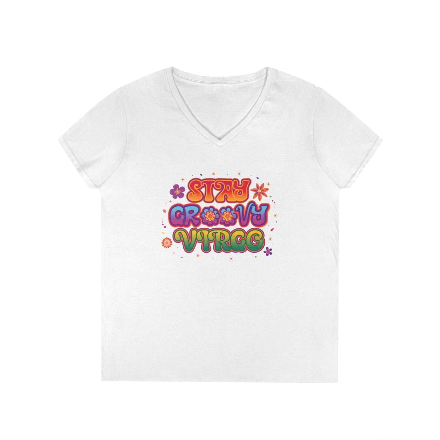 Stay Groovy Virgo Women’s V-Neck Tee – Empowering Retro Colorful Shirt