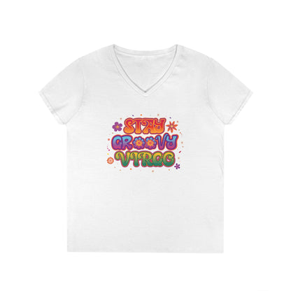 Stay Groovy Virgo Women’s V-Neck Tee – Empowering Retro Colorful Shirt