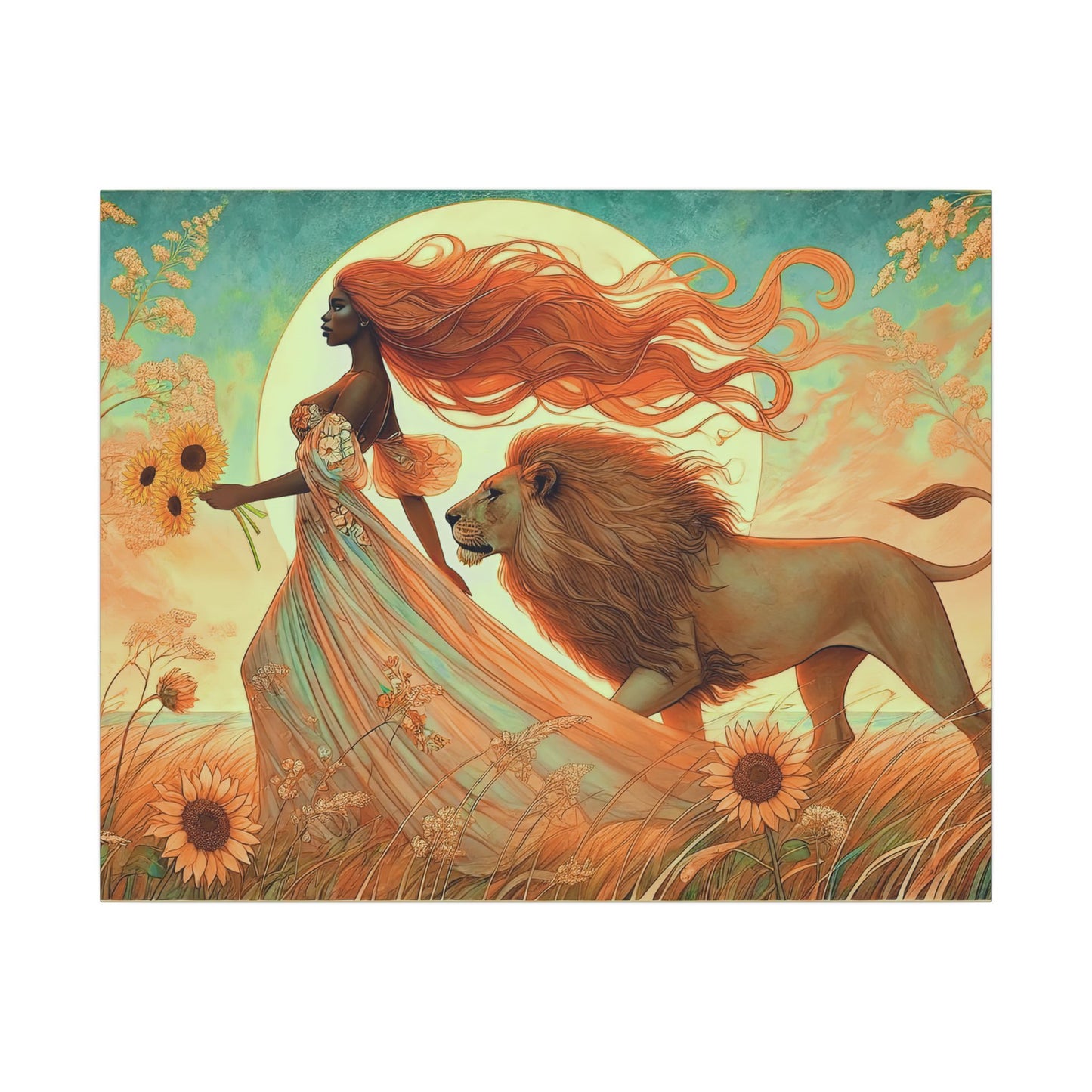 Leo Zodiac Wall Art, Lion Goddess Canvas Print, Astrology Home Decor, Leo Gift for Her, Sunflower Leo Painting, Star Sign Wall Decor