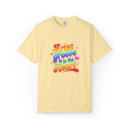 Aries Groove Is in the Heart – Rainbow Retro Zodiac Tee