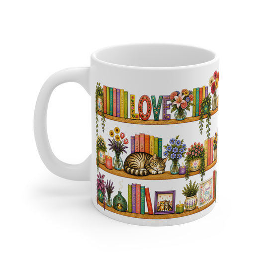 Cozy Bookshelf Mug — 'LOVE' Floral Shelves with Cat & Plants (11oz)