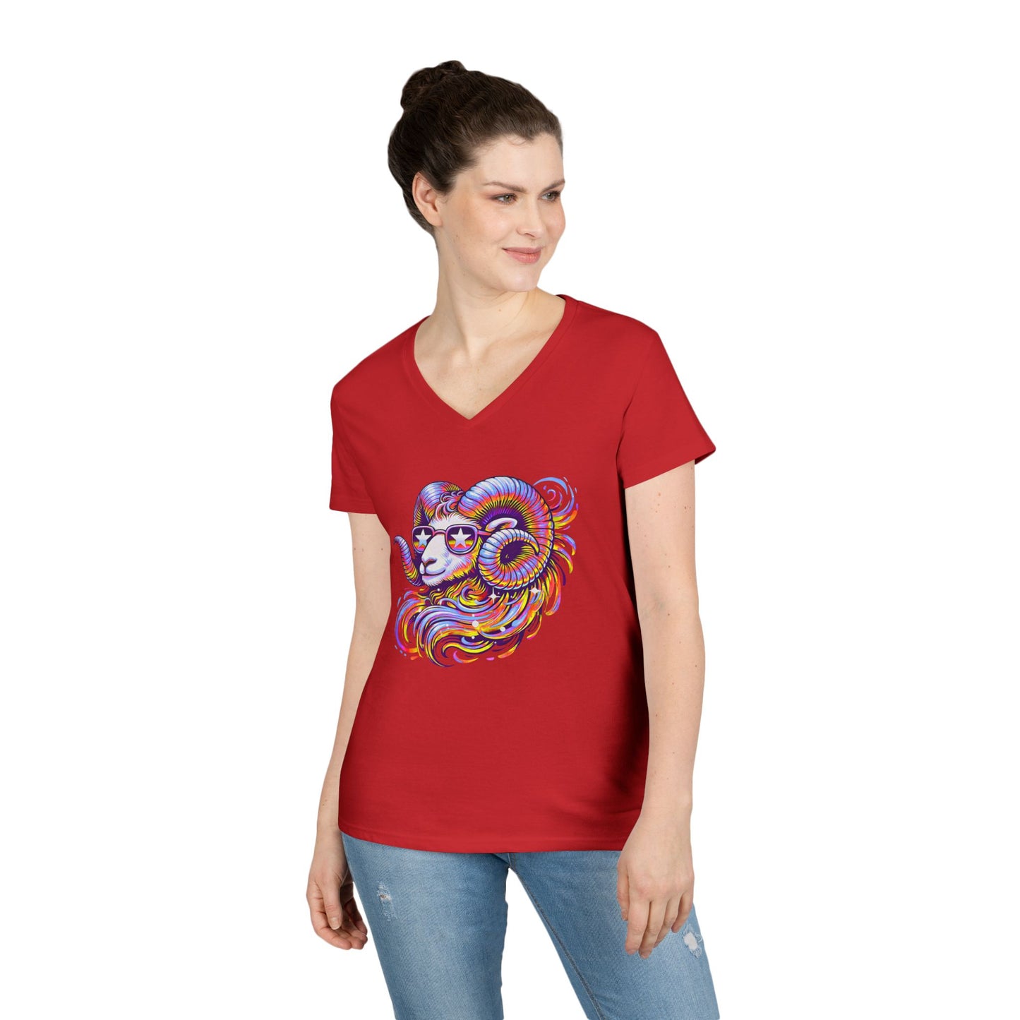 Psychedelic Ram Women’s V-Neck Tee – Empowering Aries Zodiac Shirt