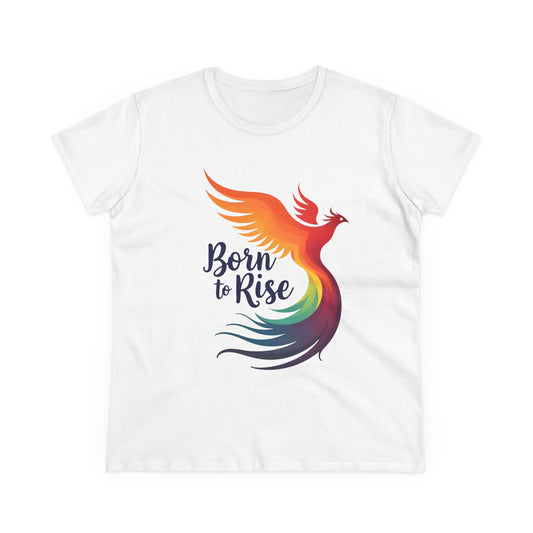 Born to Rise Women’s Crewneck Tee – Empowering Phoenix Colorful Shirt