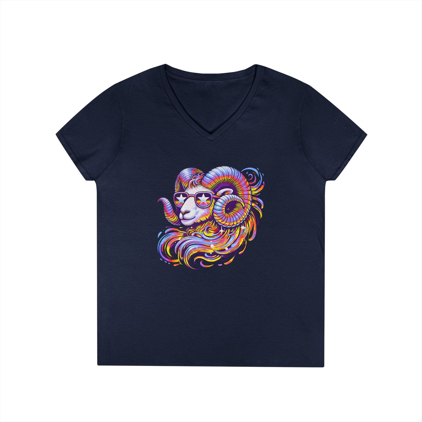 Psychedelic Ram Women’s V-Neck Tee – Empowering Aries Zodiac Shirt