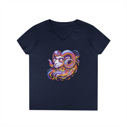 Psychedelic Ram Women’s V-Neck Tee – Empowering Aries Zodiac Shirt