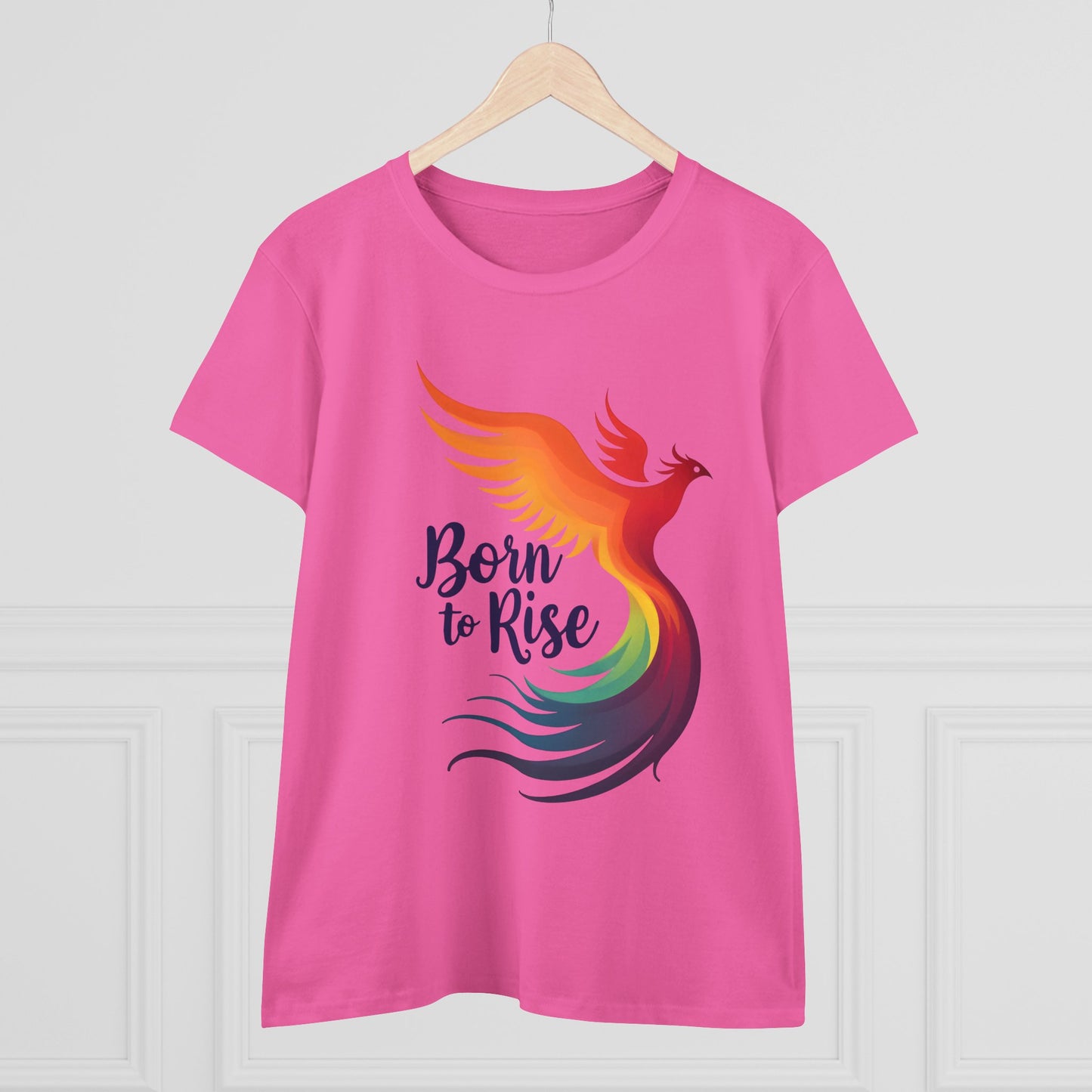 Born to Rise Women’s Crewneck Tee – Empowering Phoenix Colorful Shirt