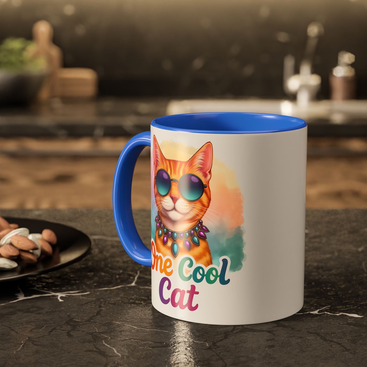 One Cool Cat – Groovy Fun Colorful Kitty Mug (Blue Accent, 11oz & 15oz)