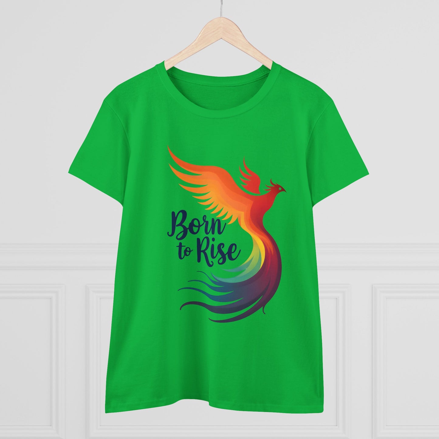 Born to Rise Women’s Crewneck Tee – Empowering Phoenix Colorful Shirt