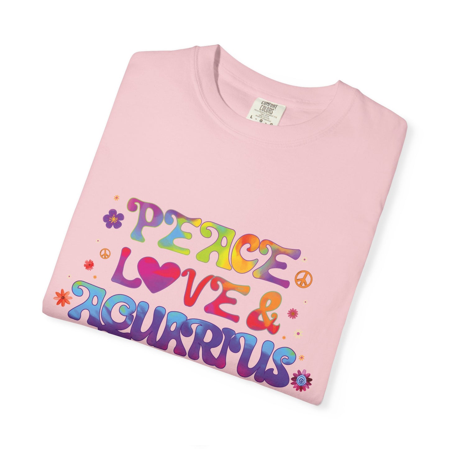 Peace Love & Aquarius Tee – Groovy Multicolor Zodiac Shirt