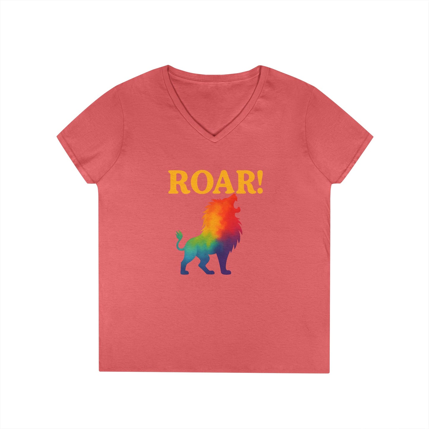 Roar Lion Women’s V-Neck Tee – Empowering Rainbow Zodiac Leo Shirt