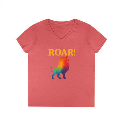 Roar Lion Women’s V-Neck Tee – Empowering Rainbow Zodiac Leo Shirt