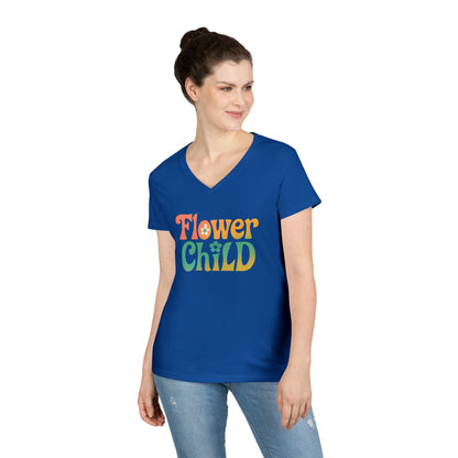 Flower Child Women’s V-Neck Tee – Empowering Retro Floral Colorful Shirt