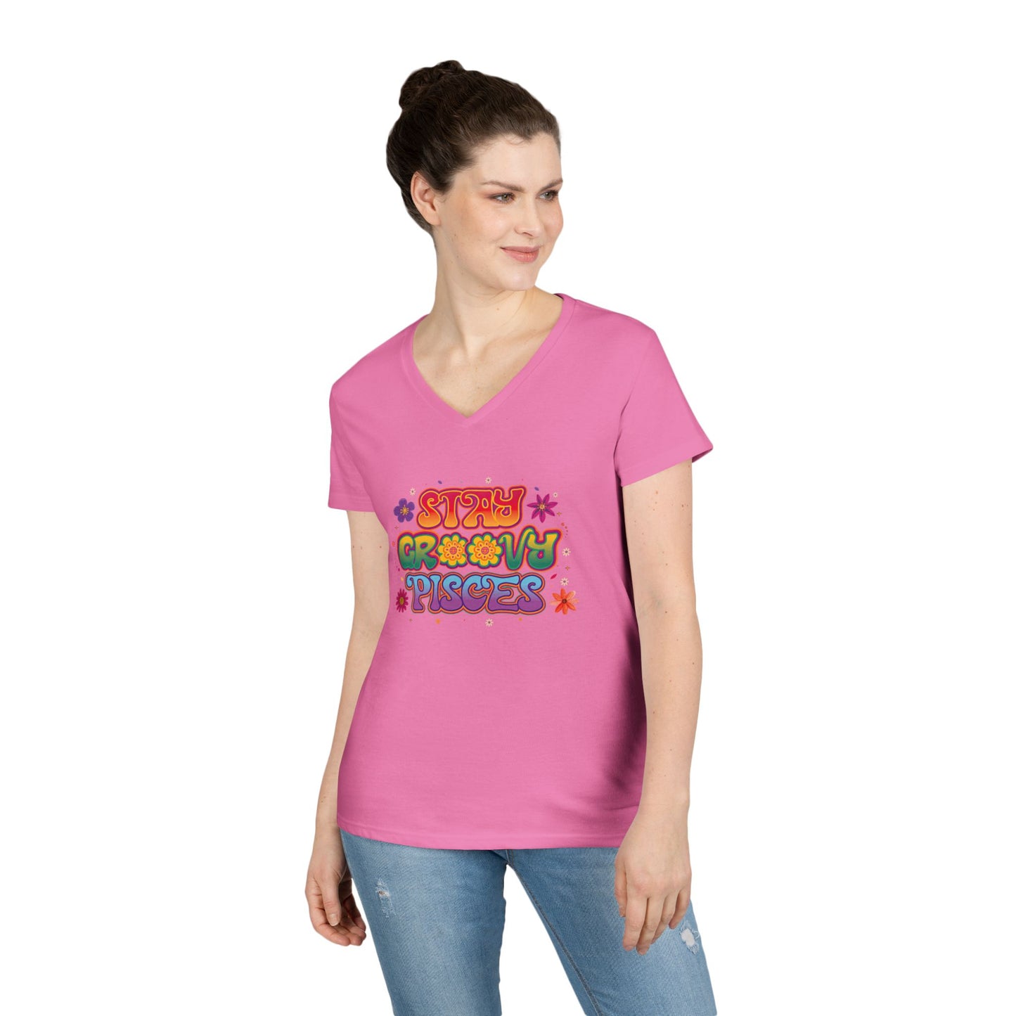 Stay Groovy Pisces Women’s V-Neck Tee – Empowering Retro Zodiac Shirt